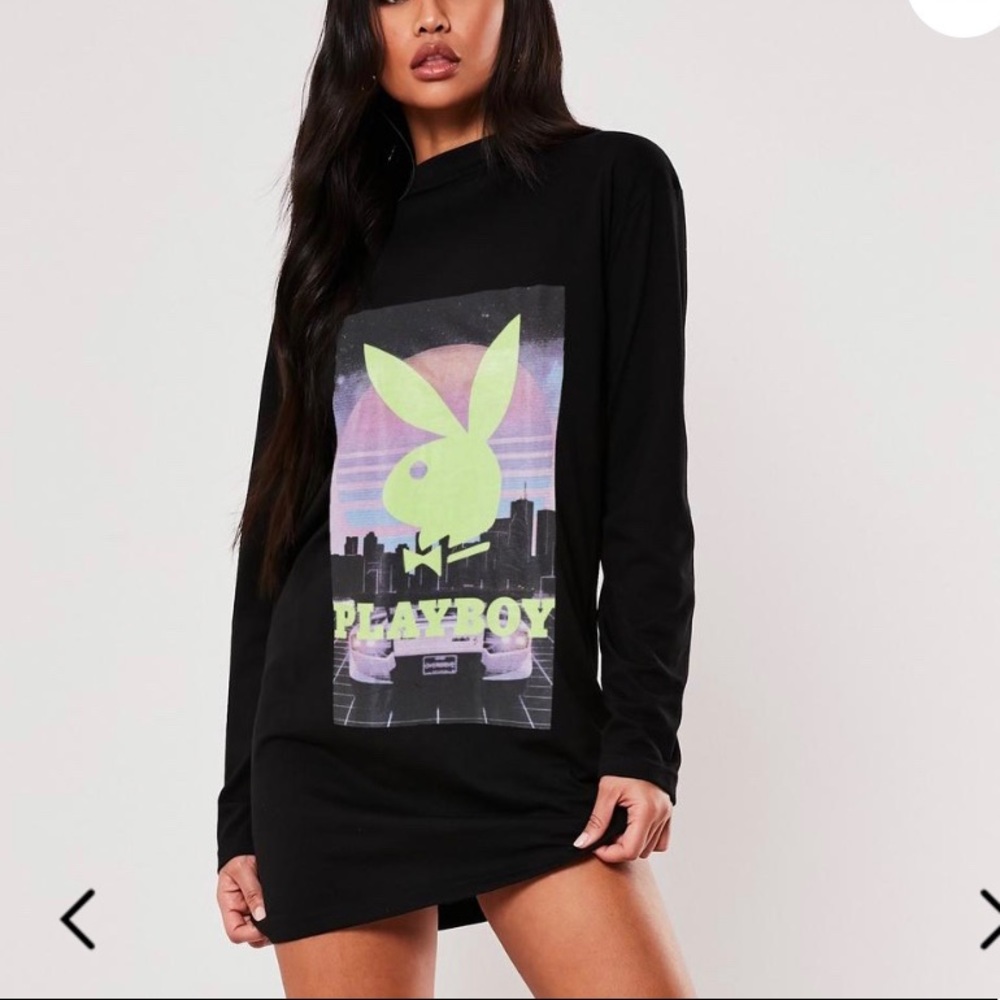 Playboy X Missguided Black Neon Bunny Shirt Dress